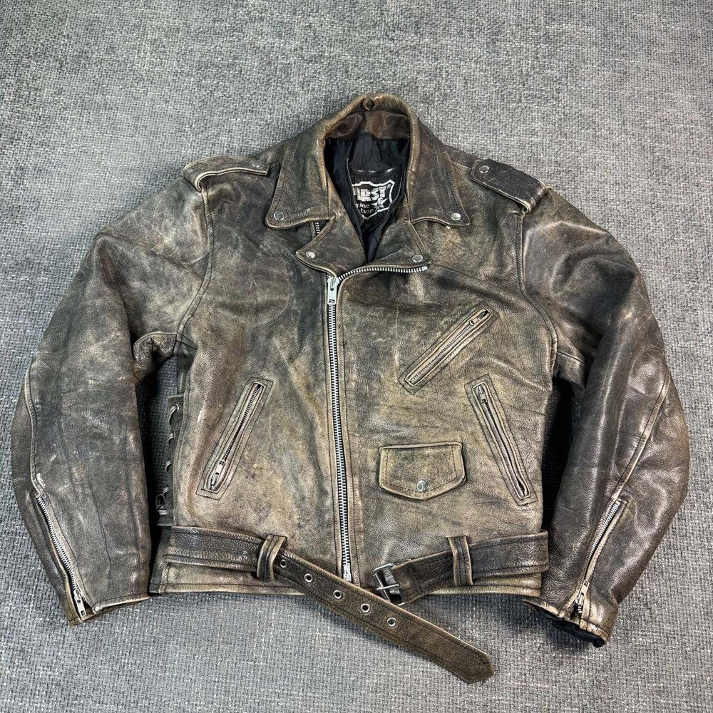 First Genuine Leather Biker Jacket Mens XL Brown Distressed Vintage Moto Belted